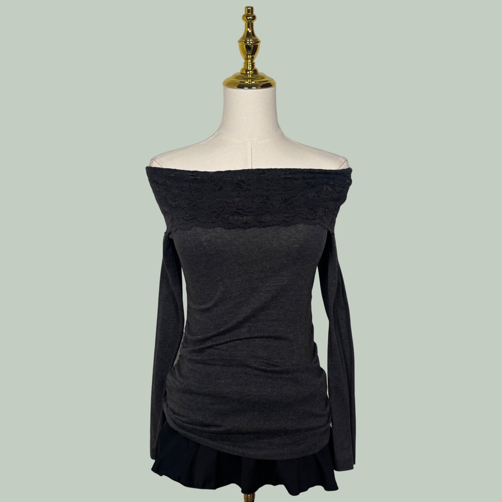 gray off shoulder lace sweater top ruched whimsigoth coquette grunge Y2K fairy